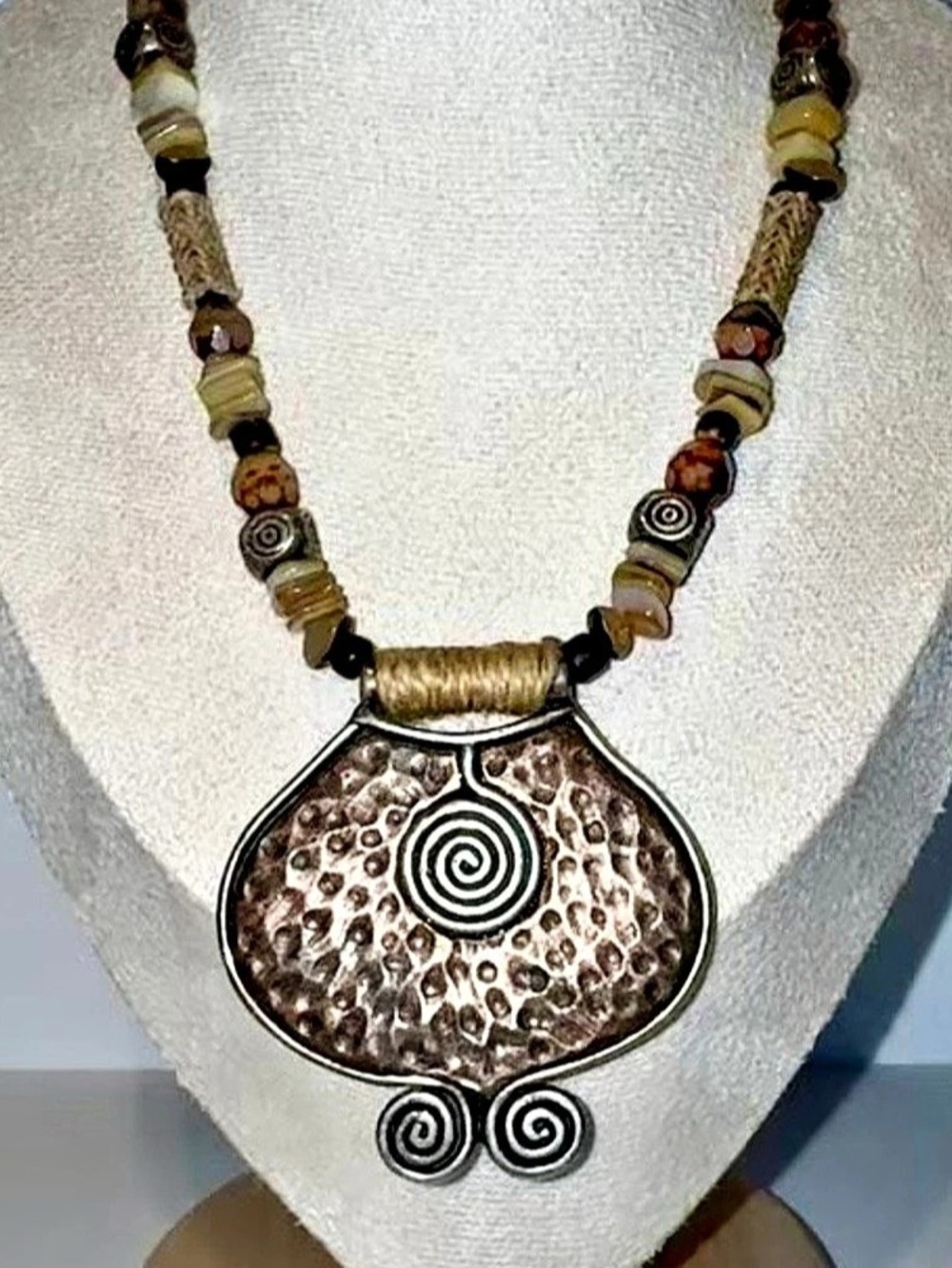 Chico's Vintage Tribal Statement Necklace Hammered Copper Spiral Medallion Boho